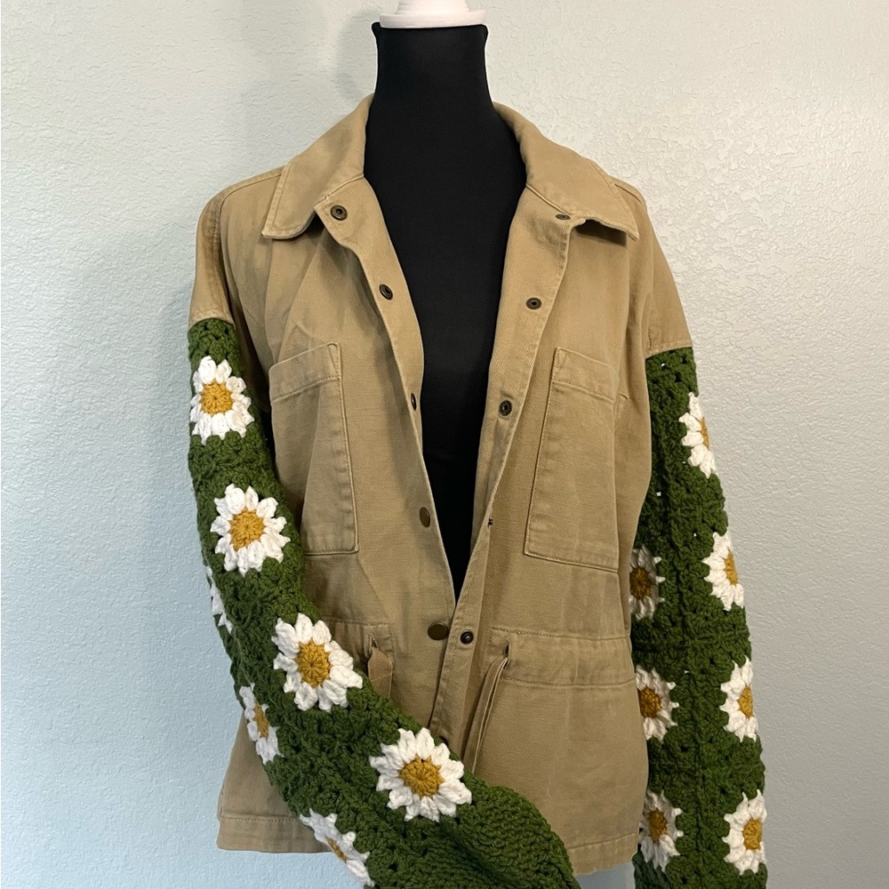 Upcycled Tan Jacket with Hand Crocheted Green Floral Sleeves